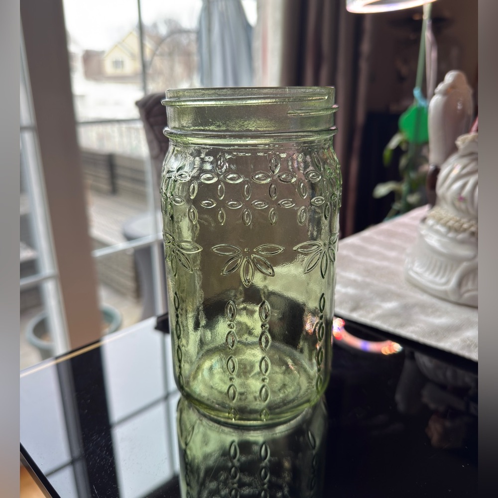Syndicate Home & Garden Vintage Green Glass Mason Jar Floral Embossed - Nice!!!